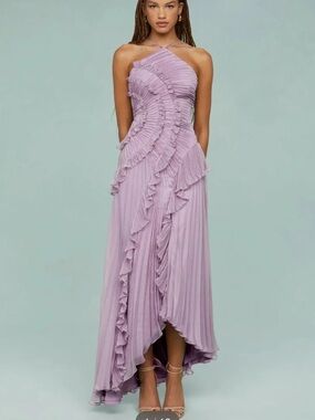 One-Shoulder Ruffled Pleated Maxi Dress in Lavender